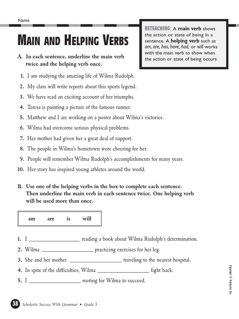 Bestellen sie die bücher für das neue schuljahr an der wilma rudolph oberschule, berlin einfach. Helping Verbs Verb Phrases Worksheet Pdf Pdf Sports