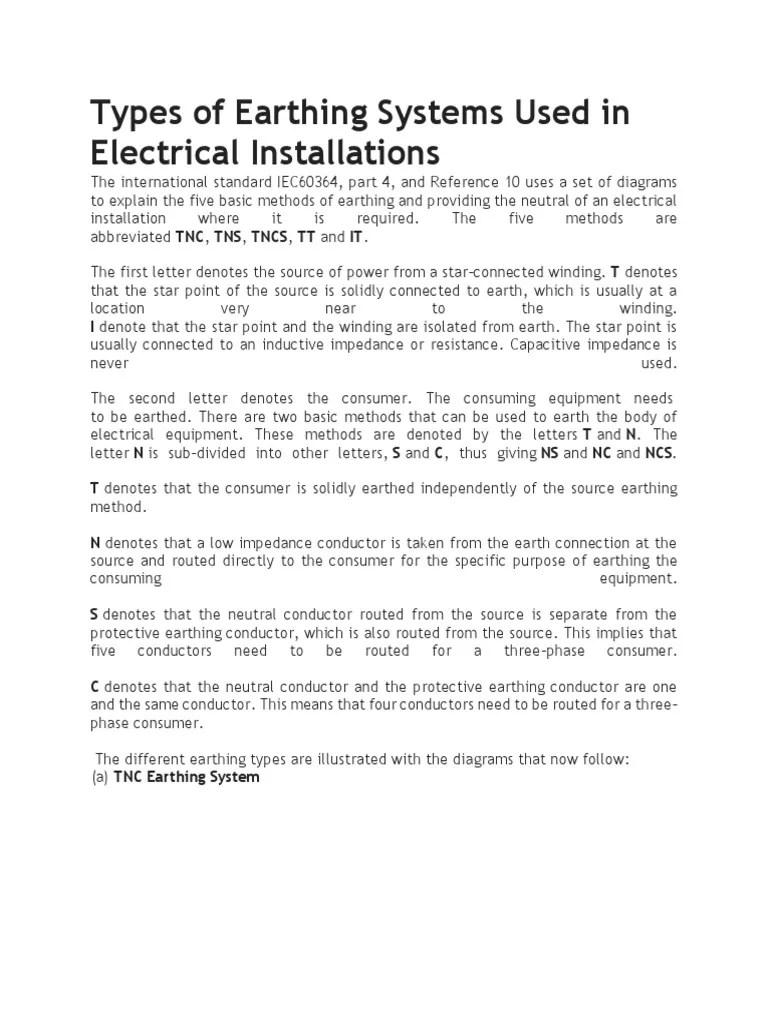 Types Of Earthing Systems Used In Electrical Installations | PDF