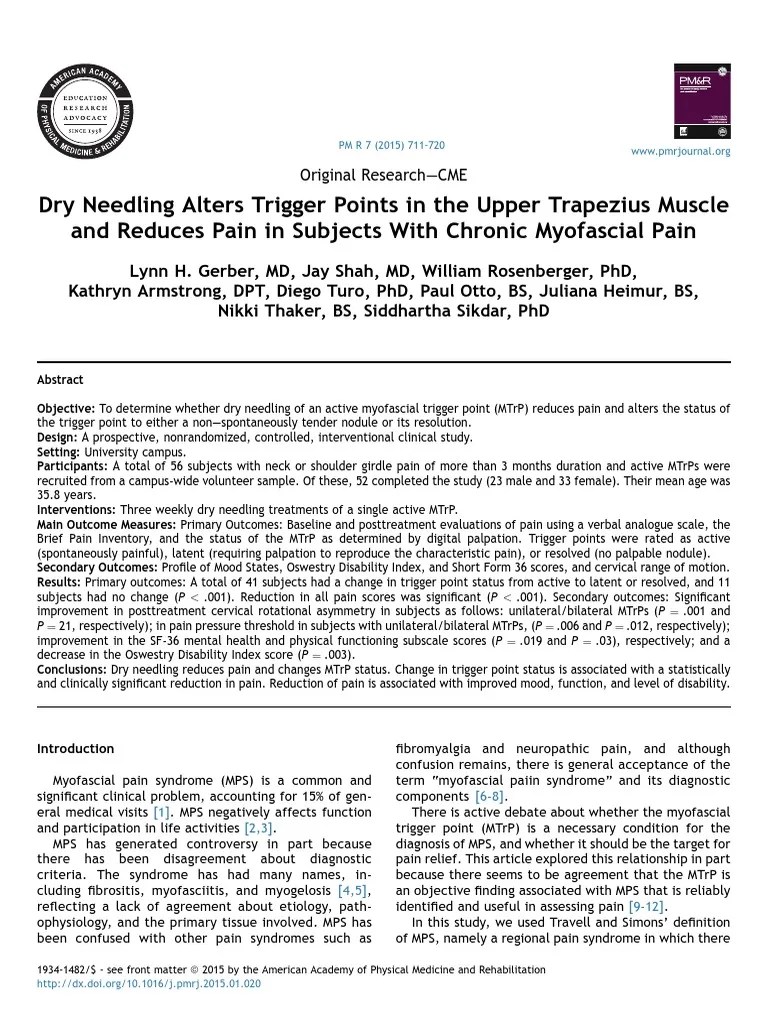 Dry Needling Alters Trigger Points In The Upper Trapezius Muscle And Reduces Pain In Subjects ...