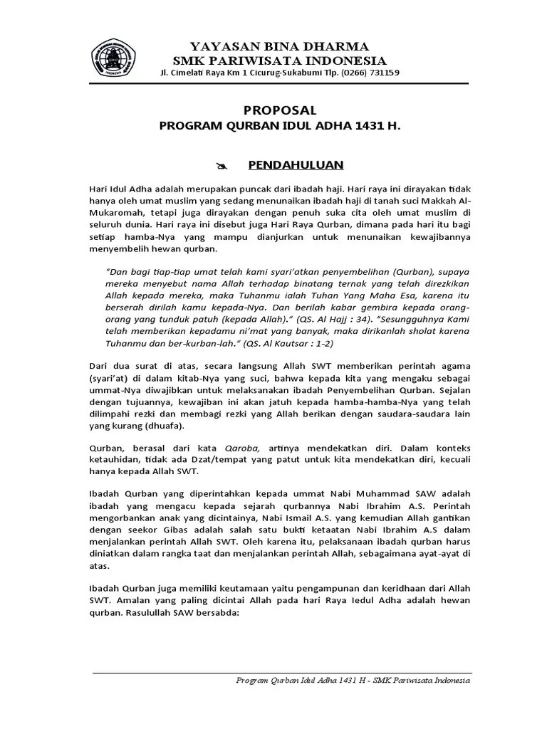 Surat permohonan yaitu surat permintaan terkait suatu hal kepada pihak lain yang dibutuhkan. Proposal Qurban Doc Penggambar