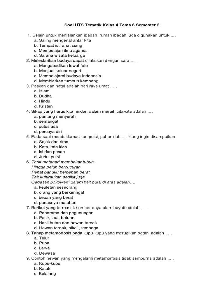 Website berisi latihan soal tematik kurikulum 2013, soal tema, soal subtema, soal ktsp, soal uas dan uts, soal pas dan pts, download latihan . Soal Uts Tematik Kelas 4 Tema 6 Semester 2 Pdf
