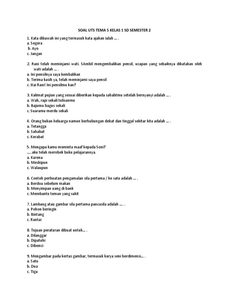 Si anak tidak fokus dalam mata satu pelajaran. Soal Uts Tema 5 Kelas 1 Sd Semester 2 Pdf