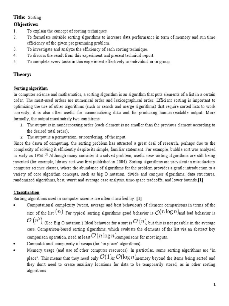 Title: Objectives:: Sorting | PDF | Applied Mathematics | Computer Science