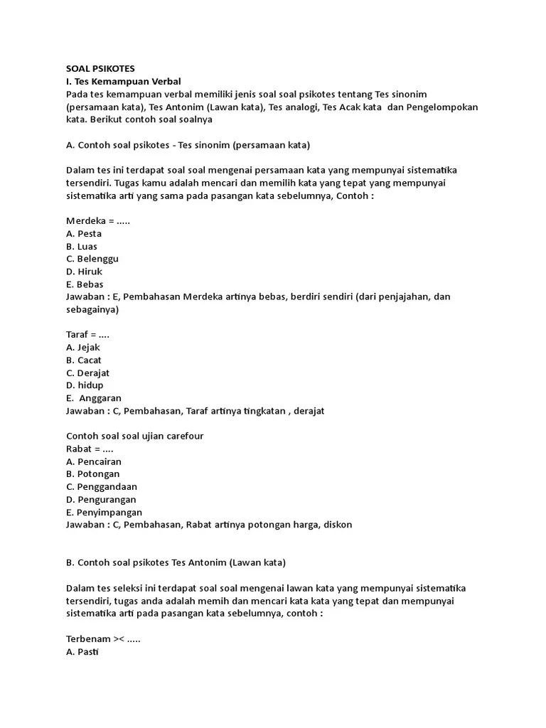Berikut ini ada beberapa contoh soal serta jawaban,. Soal Psikotes Pdf