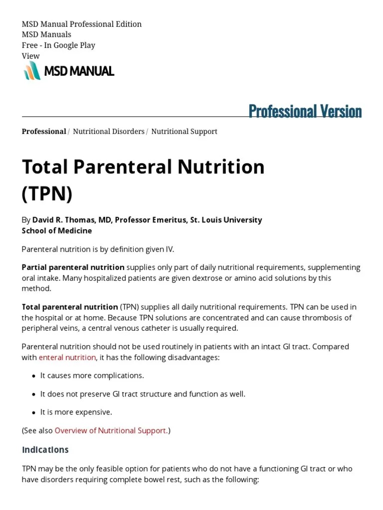 Total Parenteral Nutrition (TPN) - Nutritional Disorders - MSD Manual ...