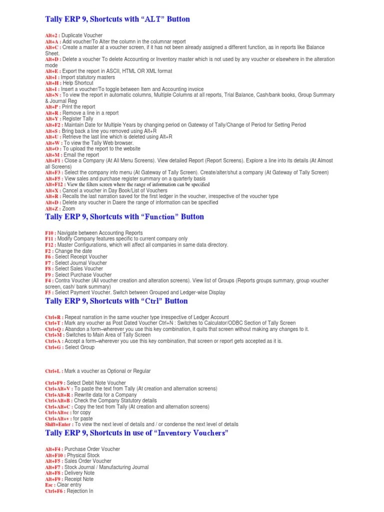 Tally Erp 9 Shortcut Key | PDF | Voucher | Keyboard Shortcut