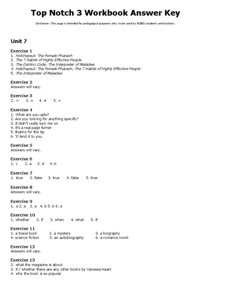 Top Notch 3 Workbook Answer Key: Unit 7 | PDF