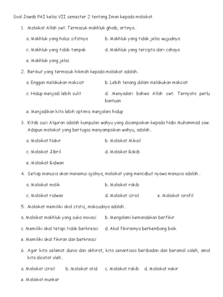 Sifat malaikat yang terkandung dalam q.s. Soal Jawab Pai Kelas Vii Semester 2 Tentang Iman Kepada Malaikat Pdf