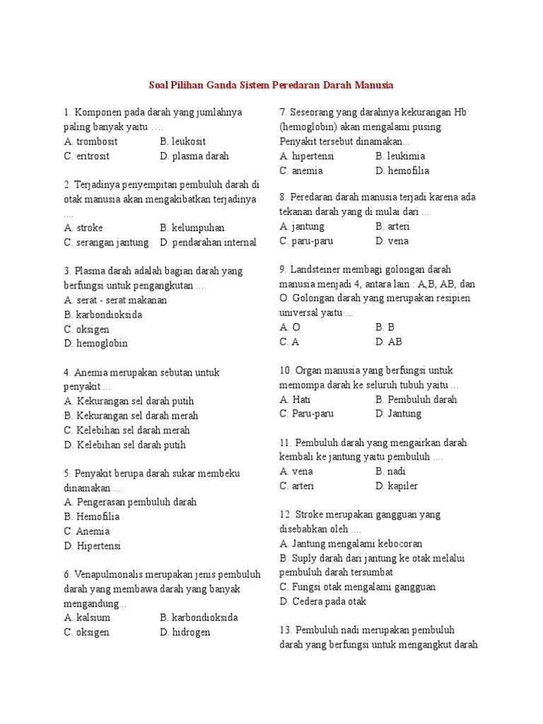 soal usbn ipa sd kelas 6 tahun 20192020 sering keluar. Soal Pilihan Ganda Sistem Peredaran Darah Manusia Pdf