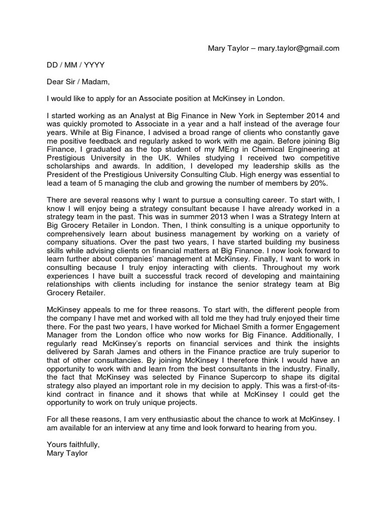 Cover Letter McKinsey Sample PDF | PDF | Mc Kinsey & Company | Business