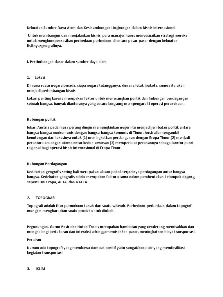 Kekuatan Sumber Daya Alam Dan Kesinambungan Lingkungan Dalam Bisnis  Internasional | PDF