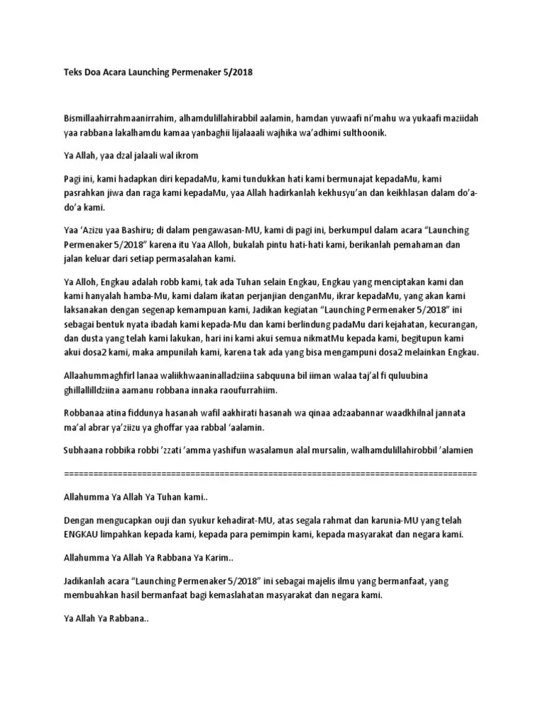 Teks Doa Acara Launching Permenaker 5 THN 2018 | PDF