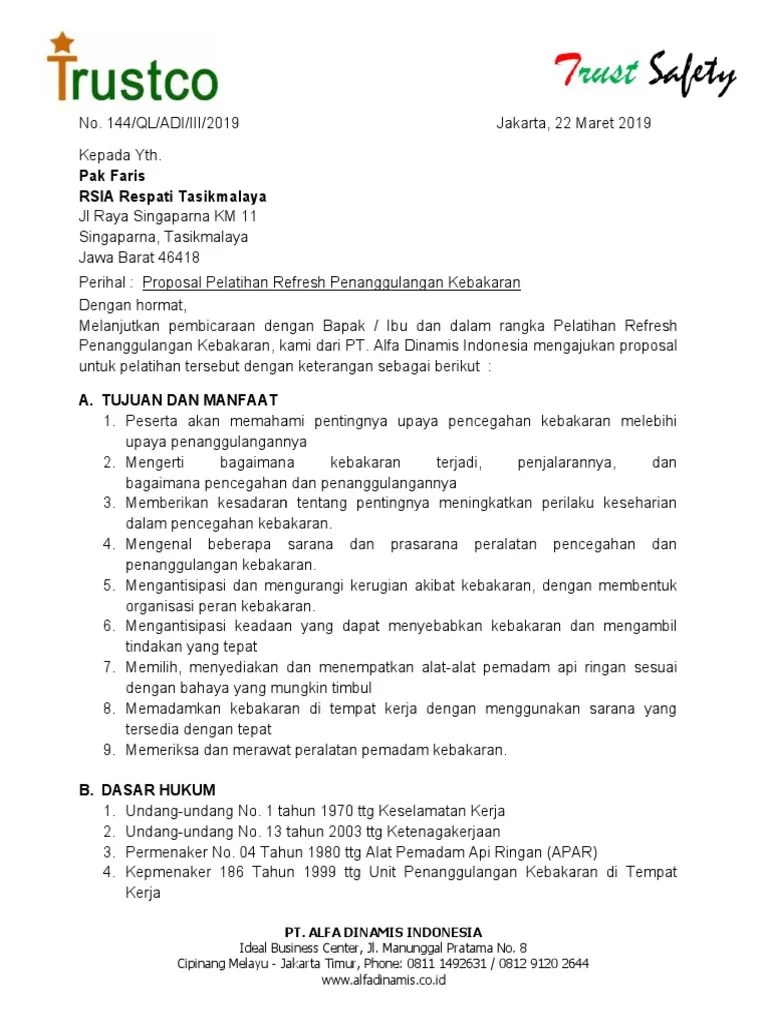 Itulah yang dapat admin bagikan mengenai contoh proposal pengajuan pelatihan pemadam kebakaran. Surat Penawaran Damkar Refresh Pdf