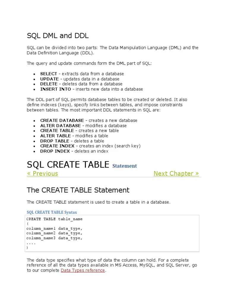 SQL Create Table: SQL DML And DDL | PDF | Database Index | Data Model