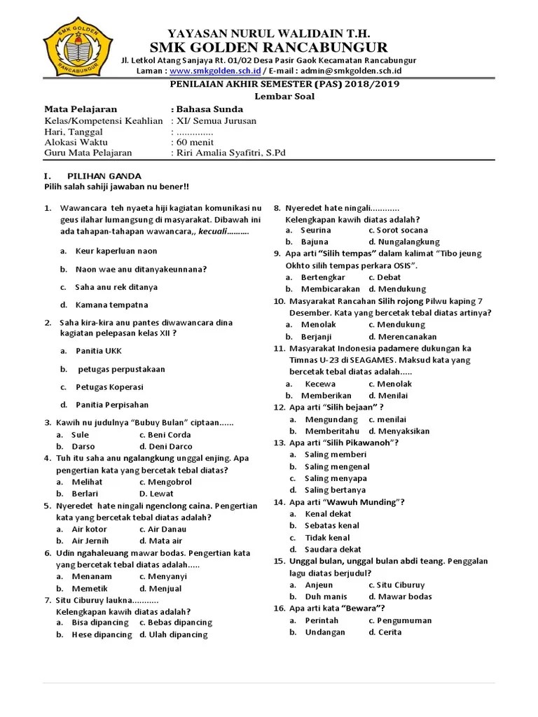Download kunci jawaban dan soal soal uts bahasa sunda kelas 11 sma x2f ma semester 1 terbaru dan terlengkap ula matematika kelas 5 bahasa matematika kelas 4. Soal Bahasa Sunda Xi Semua Jurusan Pdf