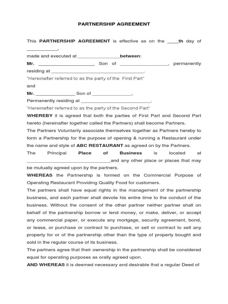 Partnership Agreement Format For Restaurant Partnership Civil Law Legal System