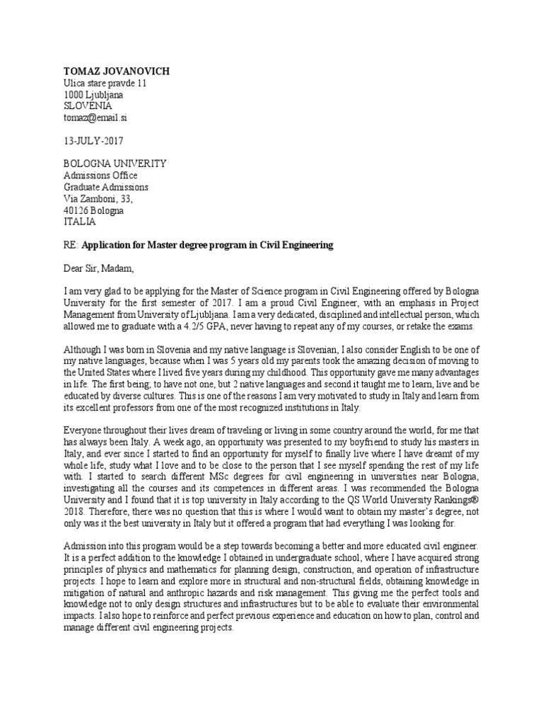 Sample Motivation Letter For Masters Degree Civil Engineering | PDF ...