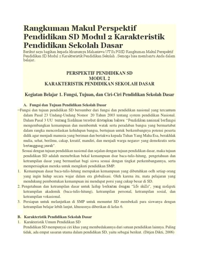 Rangkuman Makul Perspektif Pendidikan SD Modul 2 Karakteristik Pendidikan  Sekolah Dasar | PDF