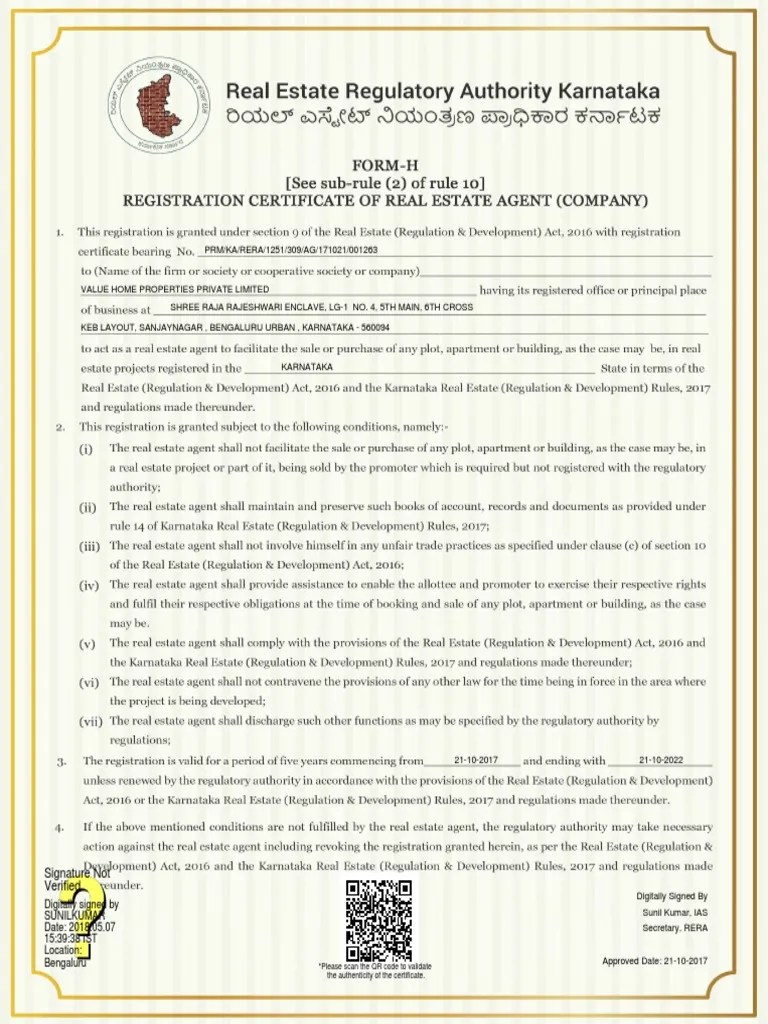 RERA Karnataka Certificate | PDF