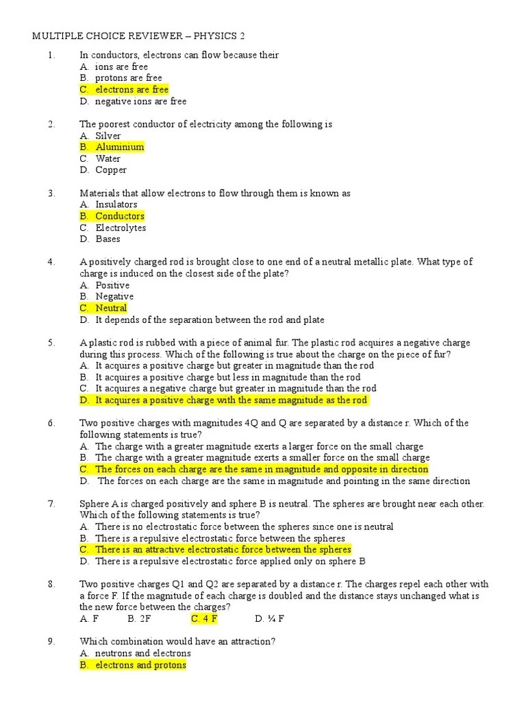 Multiple Choice Reviewer | PDF | Electric Charge | Ion