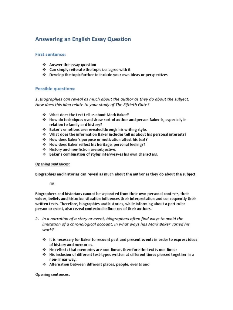 Answering An English Essay Question: First Sentence | PDF | Question | Essays