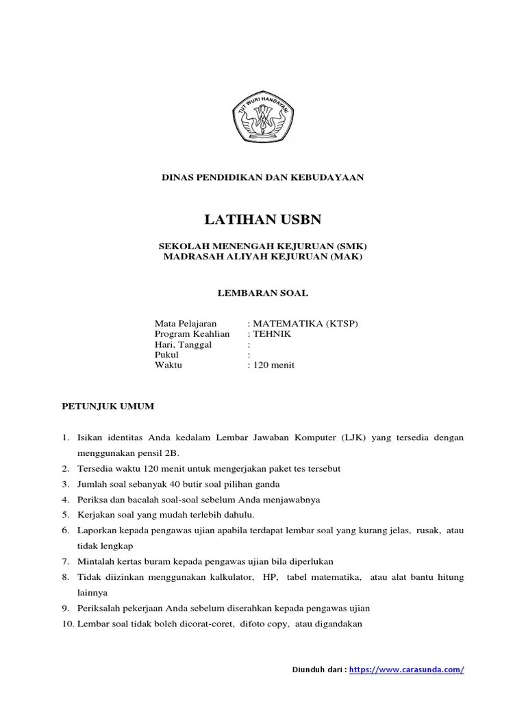 Soal Latihan Usbn Matematika Smk-Mak Tehnik