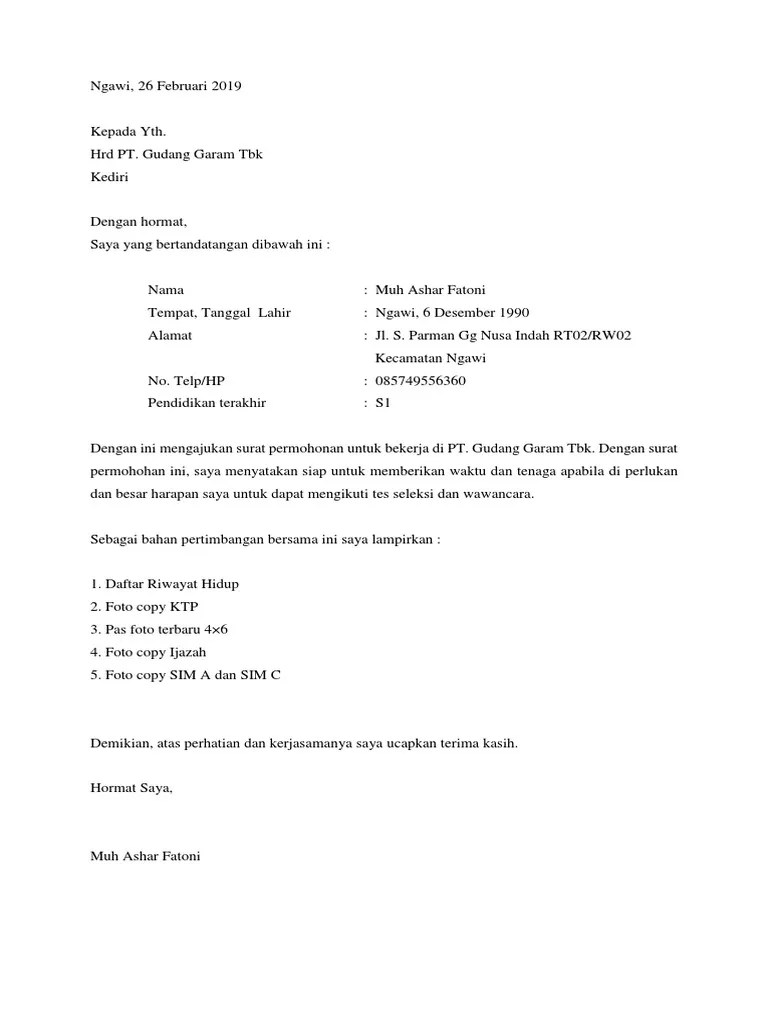 Apakah anda sedang mencari informasi contoh surat lamaran kerja di pt gudang garam tbk. Surat Lamaran Kerja Dan Cv Oni Aston 1 Pdf