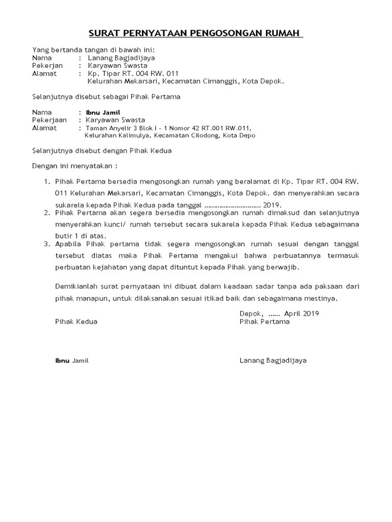 Kepala laboratorium pendidikan matematika jpmipa fkip usd. Surat Pernyataan Pengosongan Rumah Tinggal