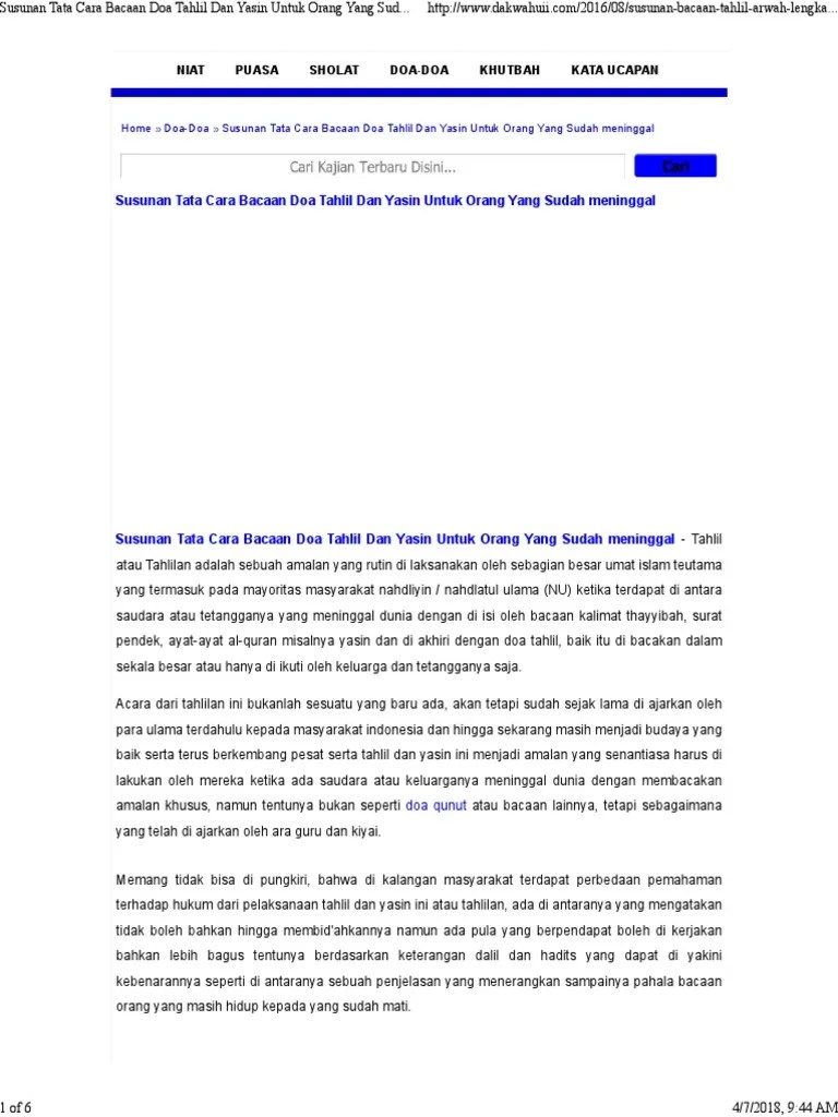 Susunan Tata Cara Bacaan Doa Tahlil Dan Yasin Untuk Orang Yang Sudah  Meninggal | PDF