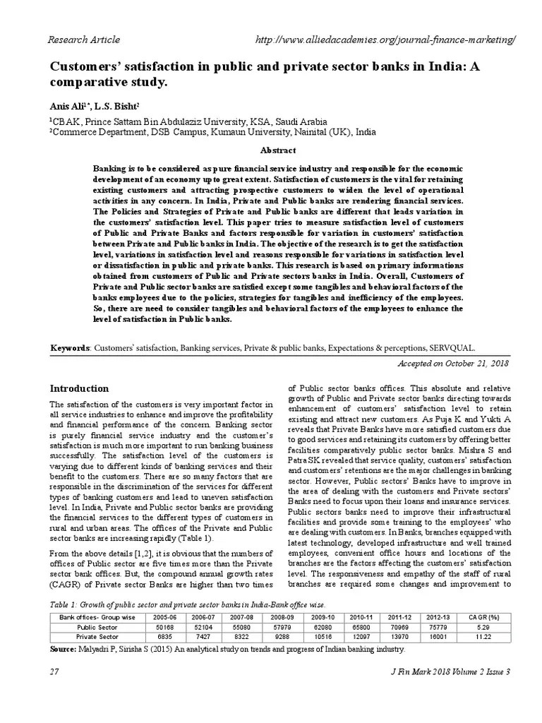 Customers Satisfaction In Public And Private Sector Banks In India A Comparative Study PDF | PDF ...