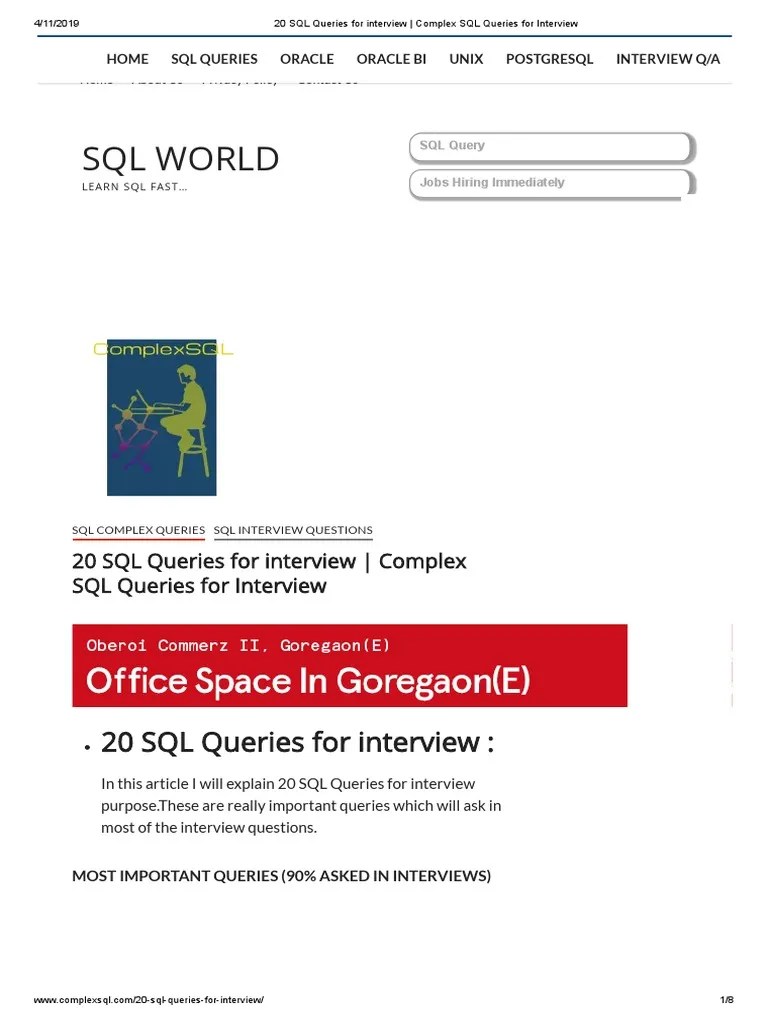 20 SQL Queries For Interview - Complex SQL Queries For Interview | PDF ...