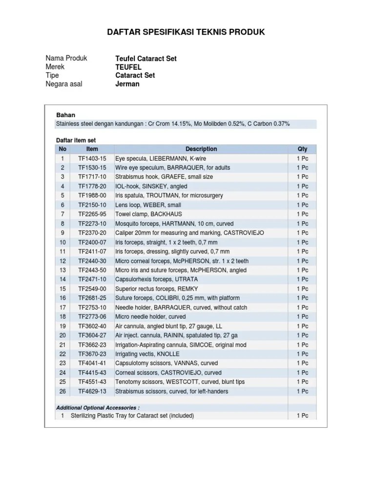 Spesifikasi TEUFEL Cataract Set | PDF | Medical Equipment | Surgery