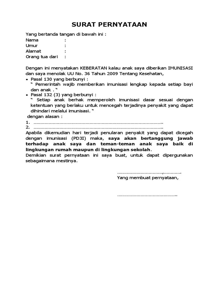 Contoh Surat Pernyataan Penolakan Imunisasi 
