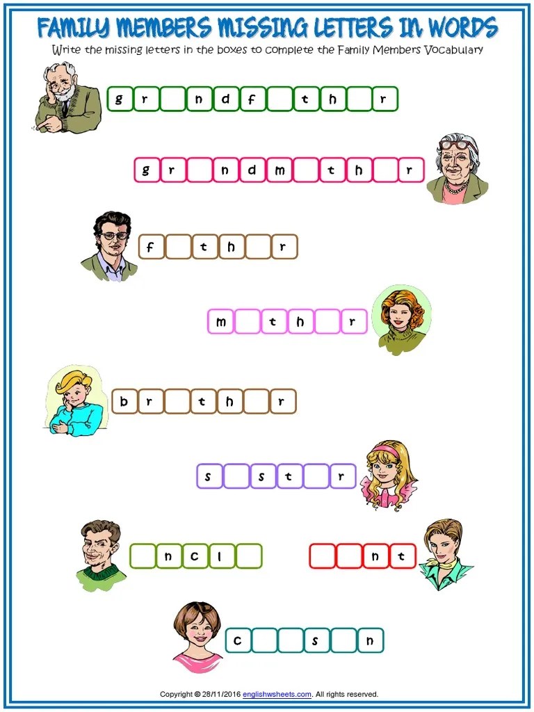 family members vocabulary missing letters in words esl worksheet pdf