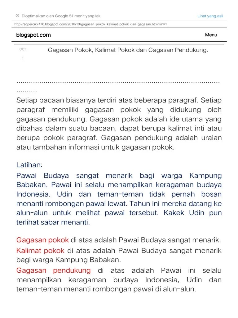 Gagasan Pokok, Kalimat Pokok Dan Gagasan Pendukung. - Tempat Belajar Dan  Bermainku | PDF