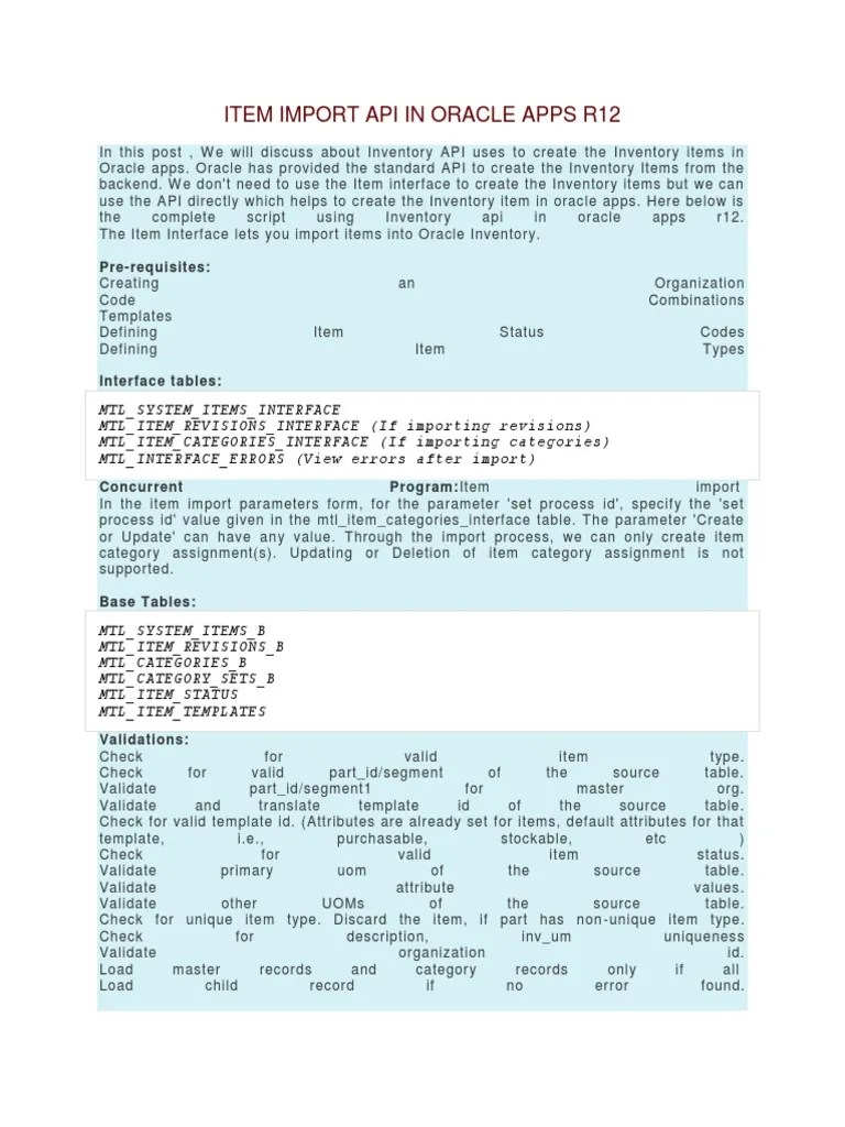 Oracle EBS Item Import API In Oracle Apps R12.2 | PDF | Application Programming Interface ...