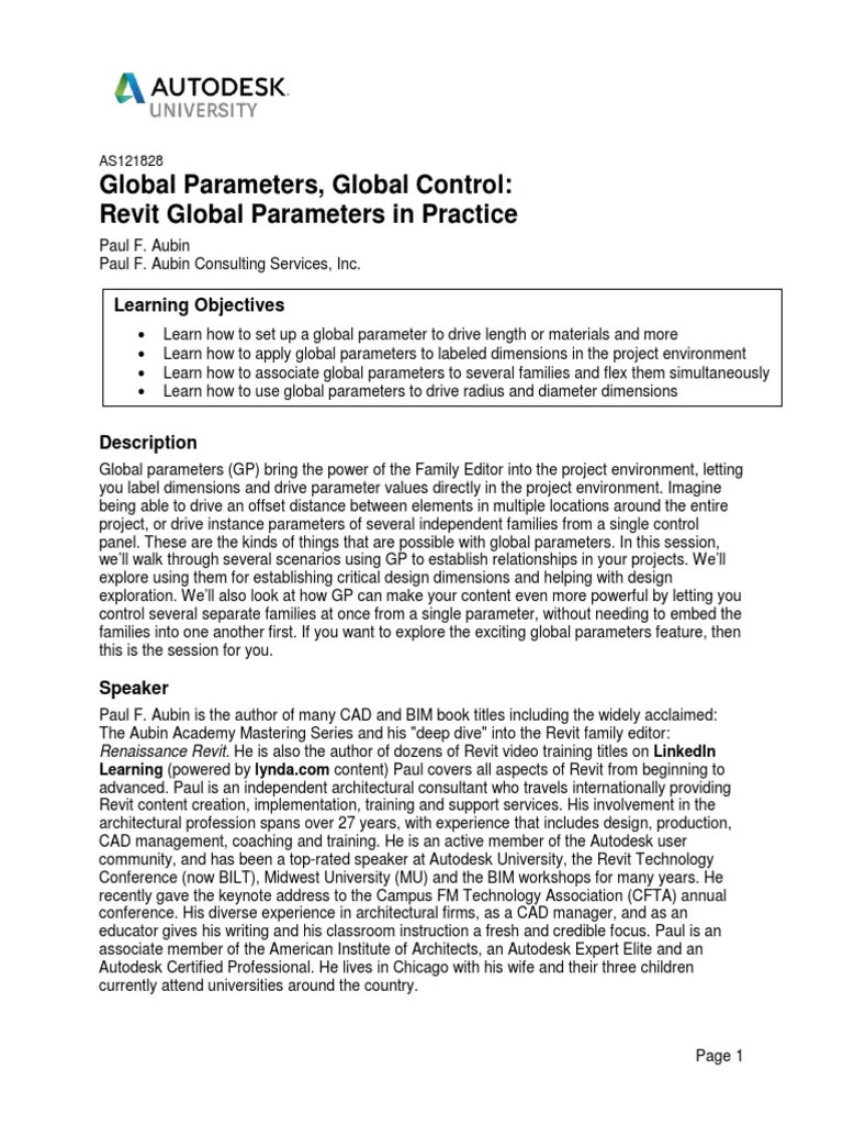 Class Handout AS121828 Global Parameters Global Control Revit Global ...