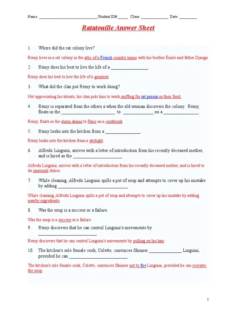 Ratatouille is a pixar animation studios production. Ratatouille 1 Answer Sheet Pdf Food And Drink Foods