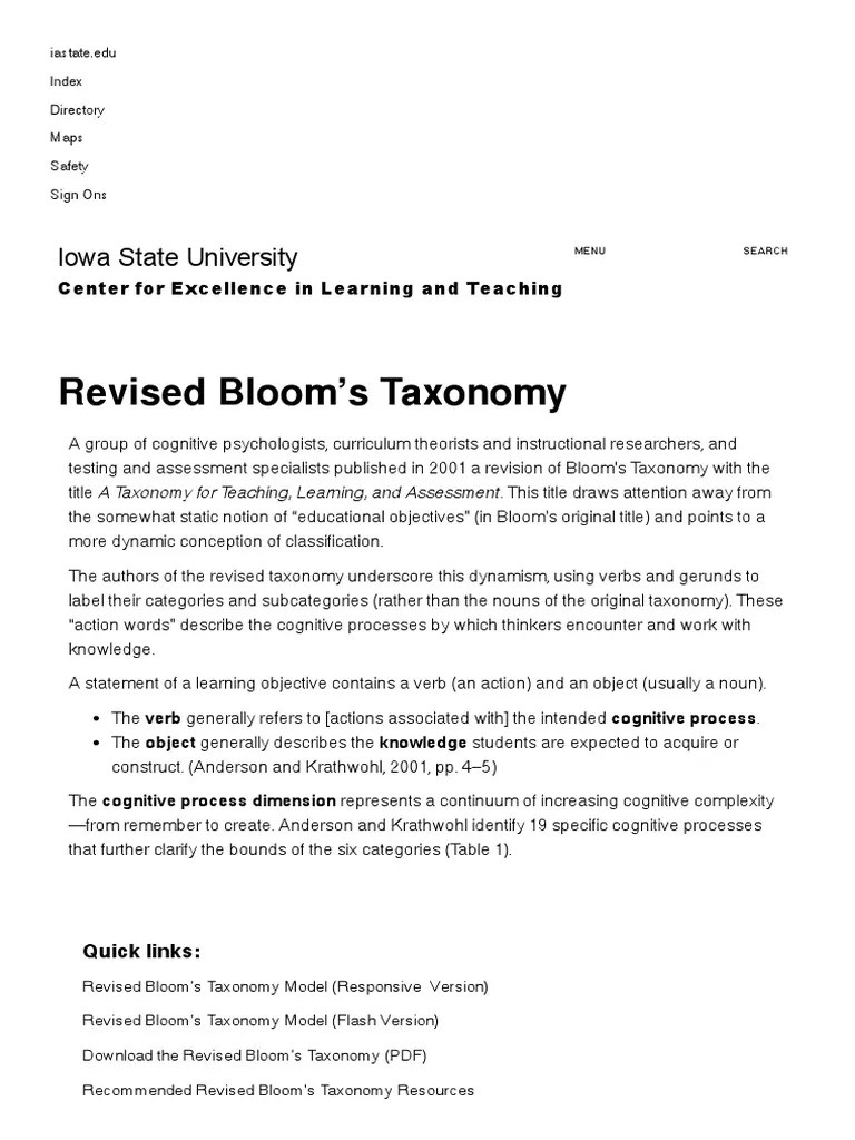 Revised Bloom's Taxonomy Center For Excellence In Learning And Teaching ...
