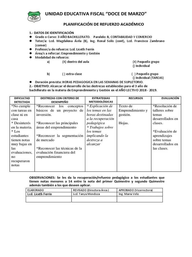 Plan De Refuerzo Tercero 2018 | PDF | Evaluación | Maestros