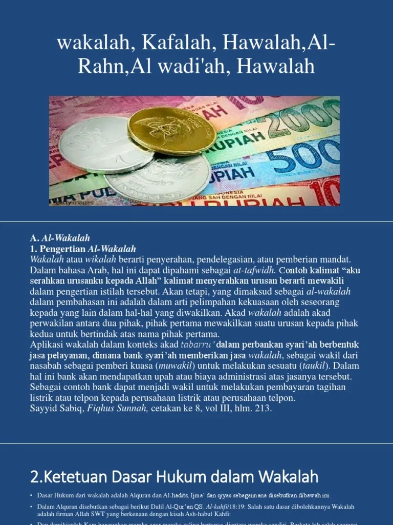 Power Point Wakalah, Kafalah, Hawalah, Al-Rahn, Al Wadi&rsquo;Ah, Hawalah | PDF