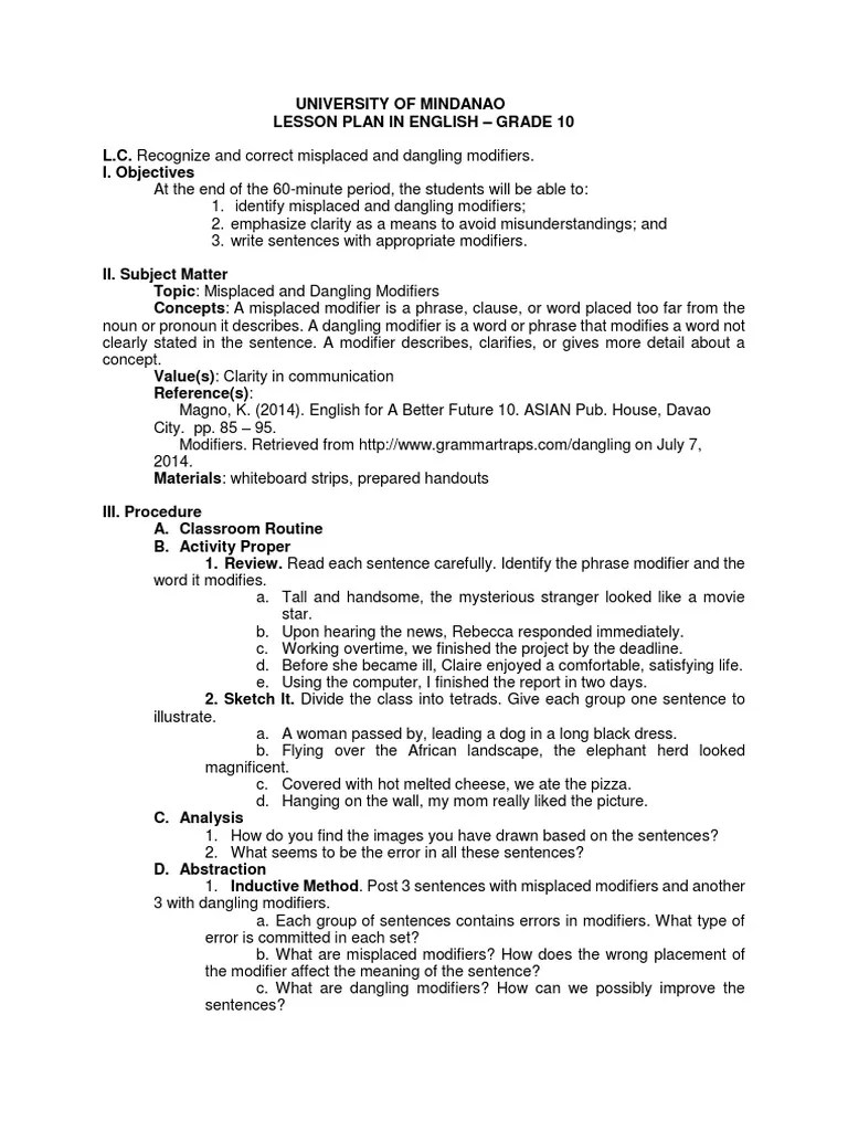 Correcting dangling modifiers | word usage worksheet. 4as Lesson Plan Pdf Phrase English Language