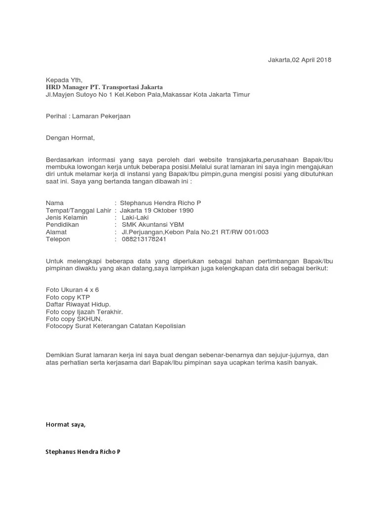 Contoh surat lamaran kerja di . Lamaran Kerja Hendra Pdf