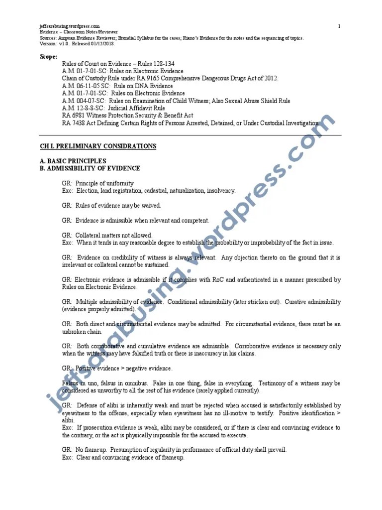 Remedial Law Evidence Reviewer V1 0 PDF | PDF | Burden Of Proof (Law) | Probable Cause