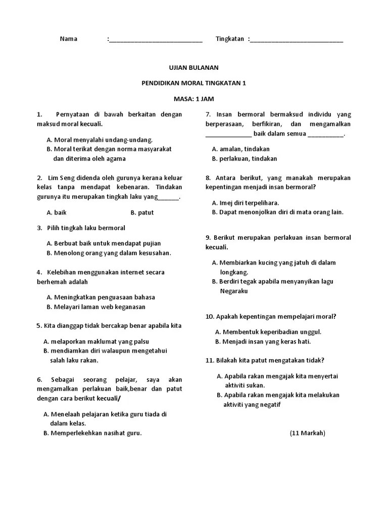 Moral adalah standar perilaku yang berlaku yang memungkinkan orang untuk hidup secara kooperatif dalam kelompok. Ujian Bulanan Moral Form 1 Pdf