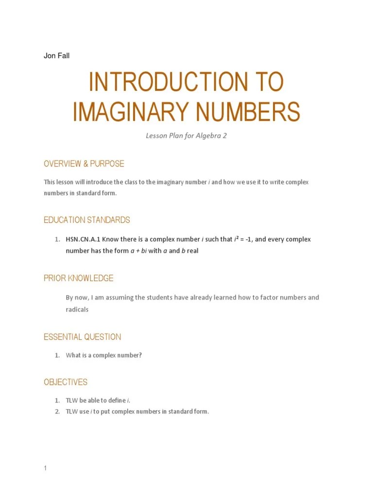 Lesson Plan1 - Introduction To Imaginary And Complex Numbers | Download ...