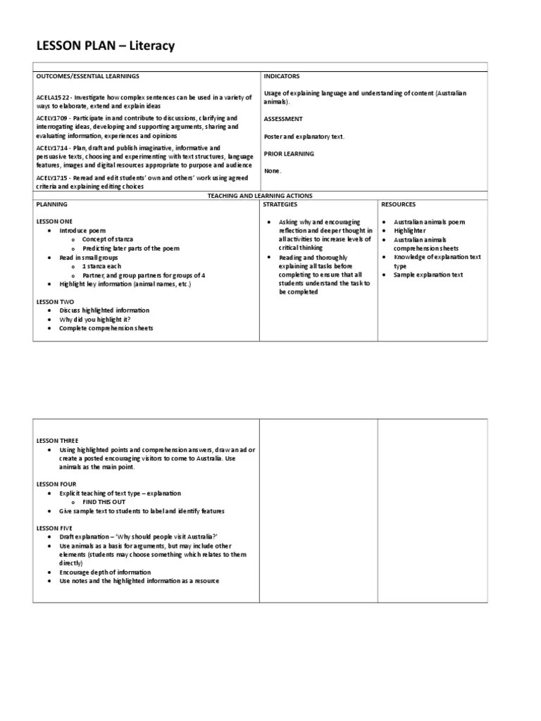 LESSON PLAN - Literacy: Outcomes/Essential Learnings Indicators | PDF ...