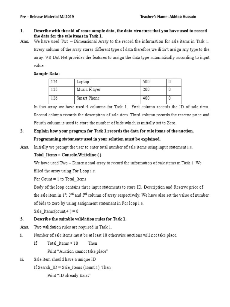 Computer Science Igcse Pre Release Task 1 | PDF | Auction | Array Data ...