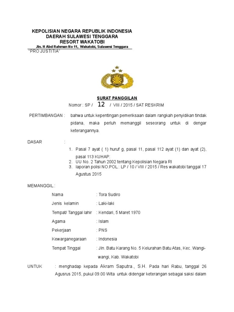 Surat undangan/klarifikasi sebagai terlapor, surat panggilan . Surat Panggilan Saksi Pdf