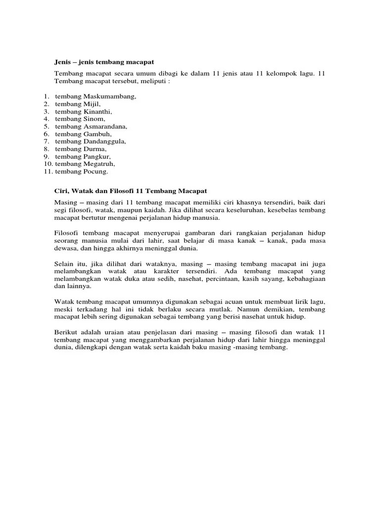 Tembang gambuh memiliki makna untuk menyambungkan dan menjelaskan kisah hidup seseorang yang sudah mulai menemukan pujaan hatinya. 11 Tembang Macapat Pdf